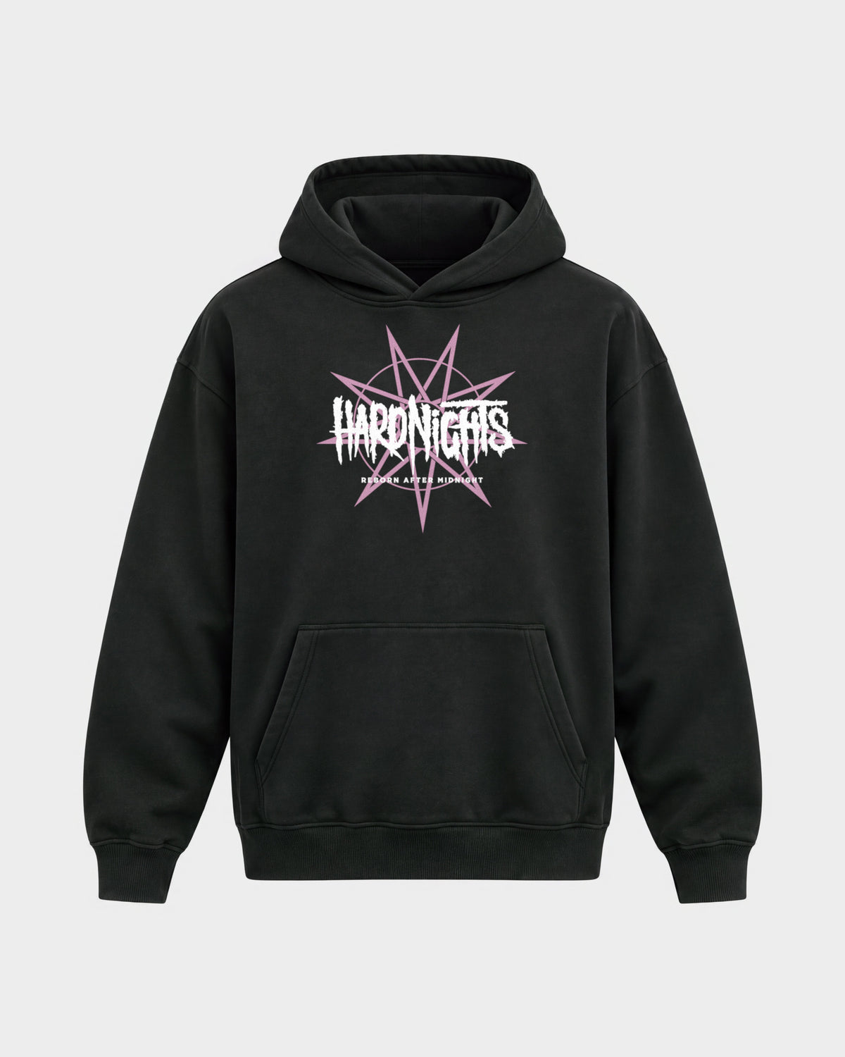 Reborn After Midnight – Oversized Hoodie in Schwarz, Frontprint – Hard Nights