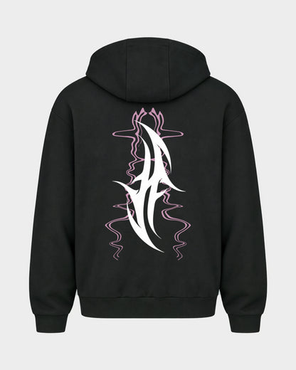 Reborn After Midnight – Oversized Zipper Hoodie in Schwarz, Rückenprint – Hard Nights