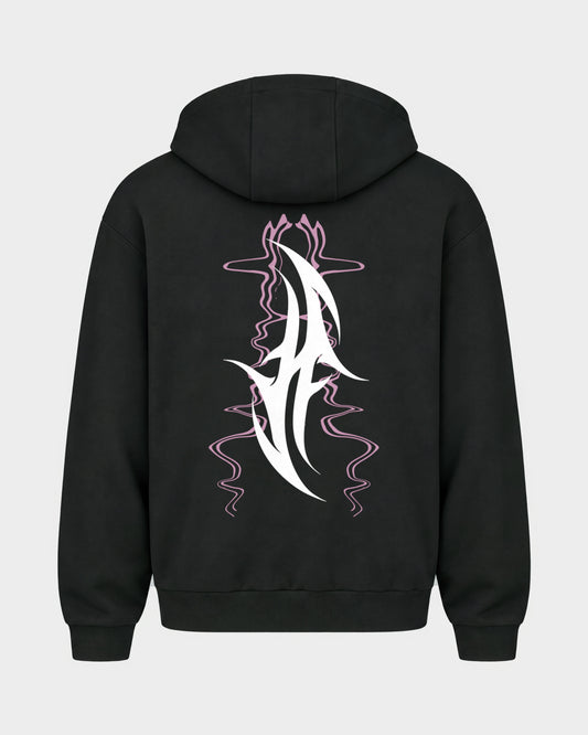Reborn After Midnight – Oversized Zipper Hoodie in Schwarz, Rückenprint – Hard Nights