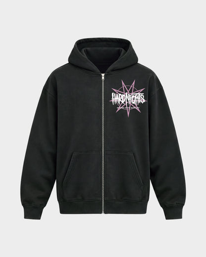 Reborn After Midnight – Oversized Zipper Hoodie in Schwarz, Frontprint – Hard Nights