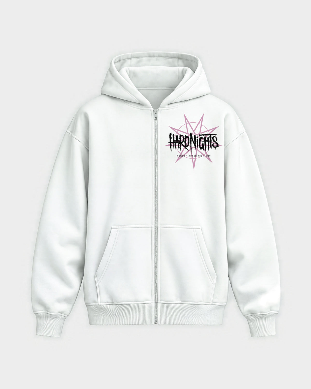 Reborn After Midnight – Oversized Zipper Hoodie in Weiß, Frontprint – Hard Nights