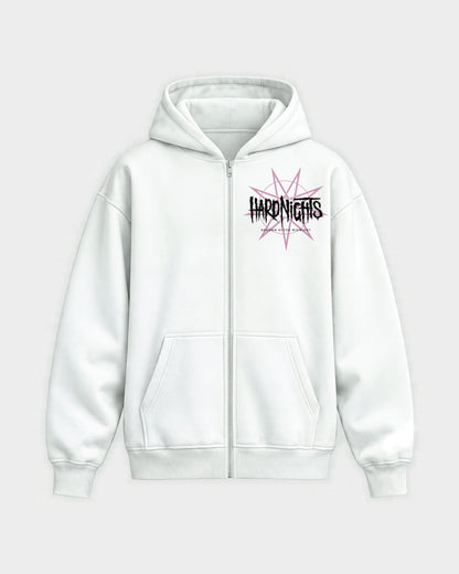 Reborn After Midnight – Oversized Zipper Hoodie in Weiß, Frontprint – Hard Nights