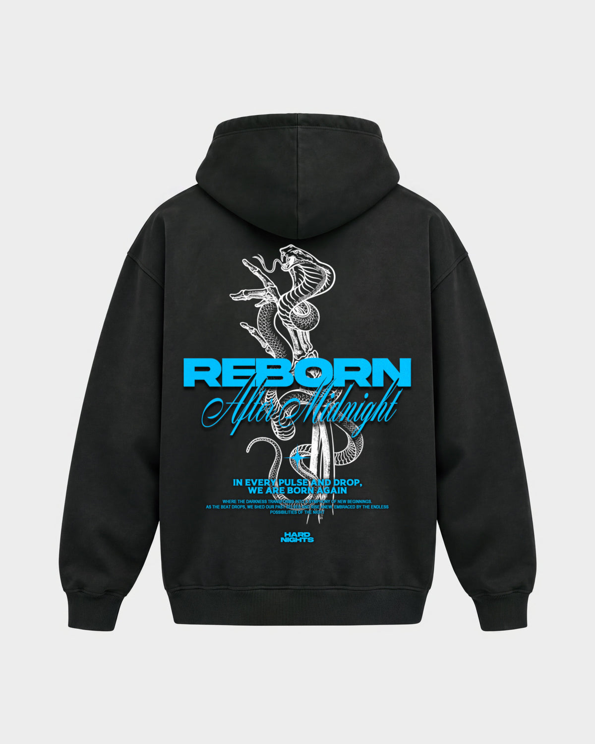 Reborn Snake – Oversized Hoodie in Schwarz, Rückenprint – Hard Nights
