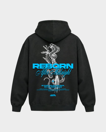 Reborn Snake – Oversized Hoodie in Schwarz, Rückenprint – Hard Nights