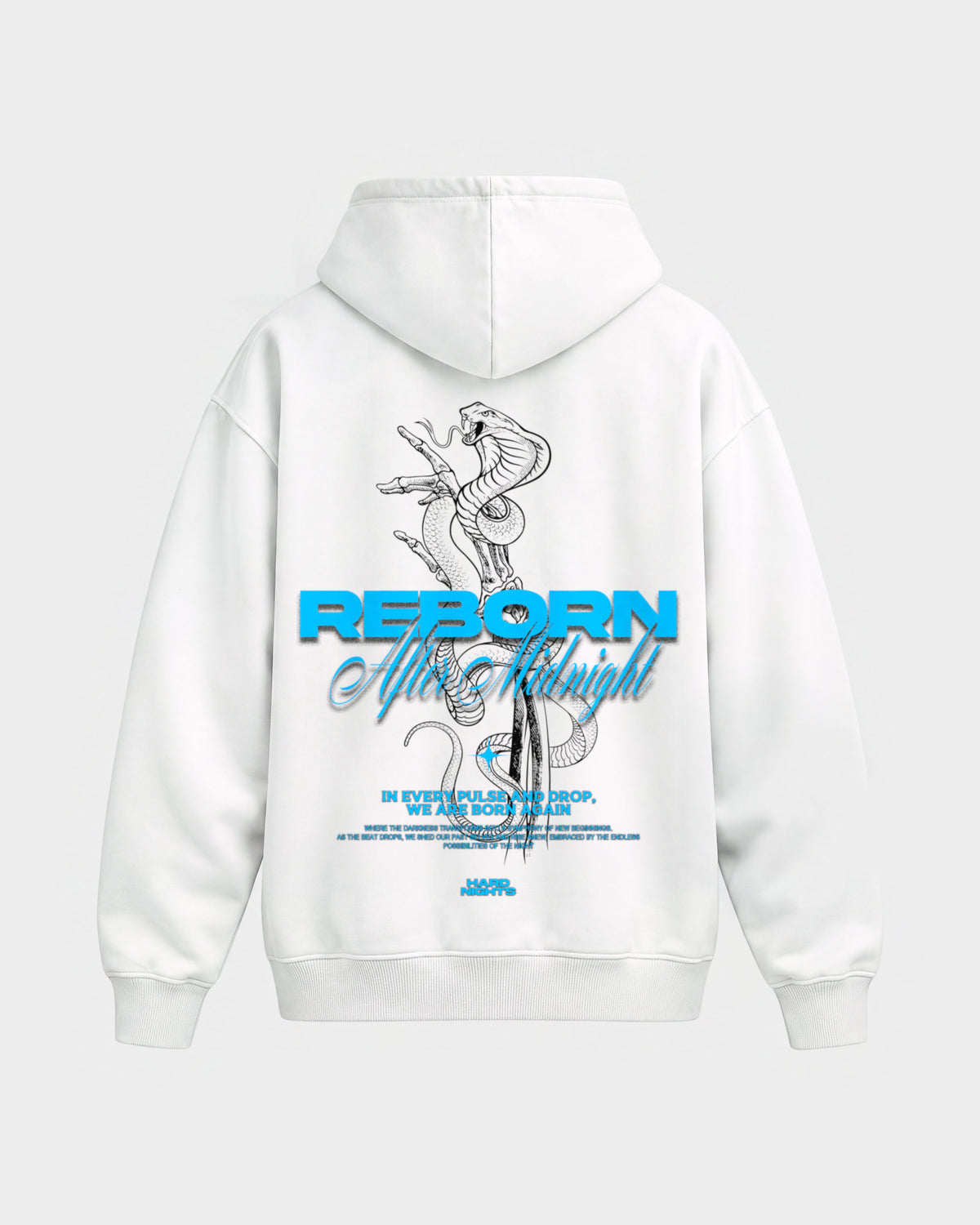 Reborn Snake – Oversized Hoodie in Weiß, Rückenprint – Hard Nights