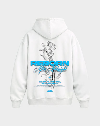 Reborn Snake – Oversized Hoodie in Weiß, Rückenprint – Hard Nights