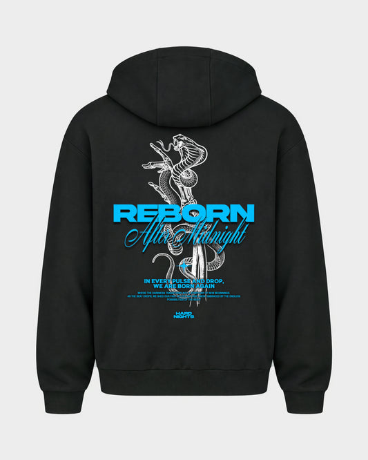 Reborn Snake – Oversized Zipper Hoodie in Schwarz, Rückenprint – Hard Nights