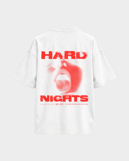 Red Face – Oversized Shirt in Weiß, Rückenprint – Hard Nights