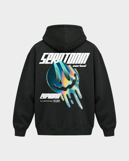 Serotonin Overload – Oversized Hoodie in Schwarz, Rückenprint – Hard Nights