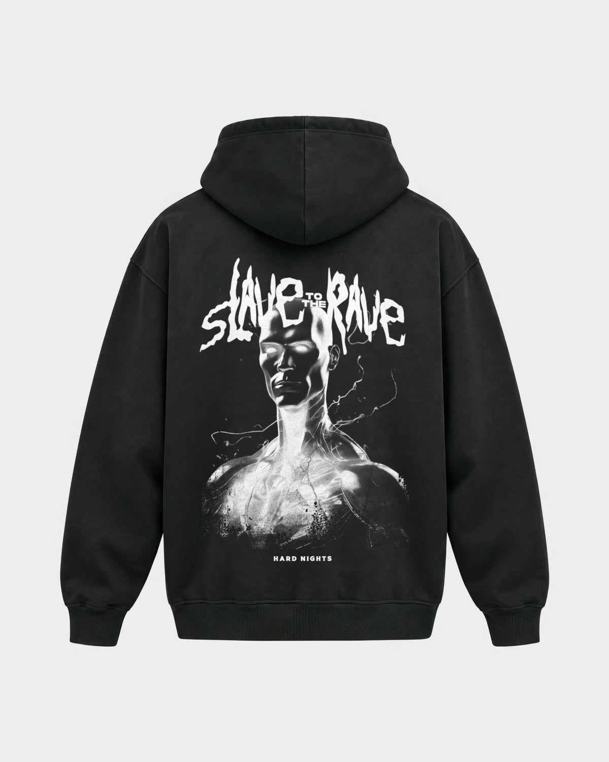 Slave to the rave – Oversized Hoodie in Schwarz, Rückenprint – Hard Nights