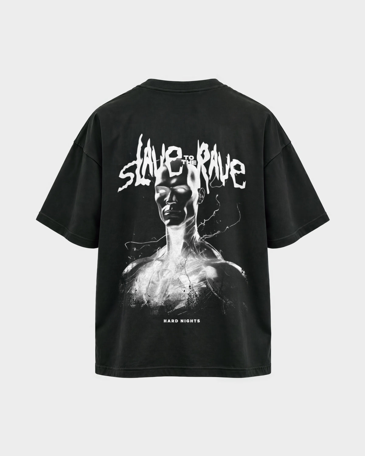 Slave to the Rave – Oversized Shirt in Schwarz, Rückenprint – Hard Nights