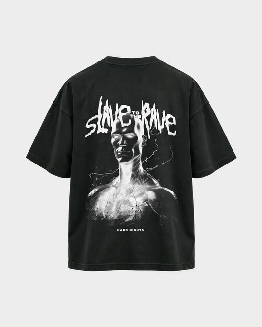 Slave to the Rave – Oversized Shirt in Schwarz, Rückenprint – Hard Nights
