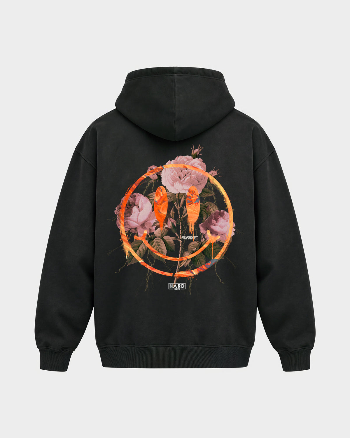 Smiley – Oversized Hoodie in Schwarz, Rückenprint – Hard Nights