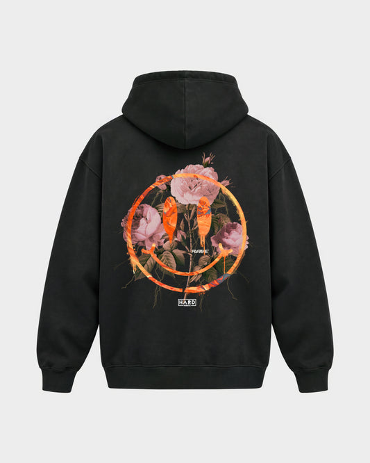Smiley – Oversized Hoodie in Schwarz, Rückenprint – Hard Nights