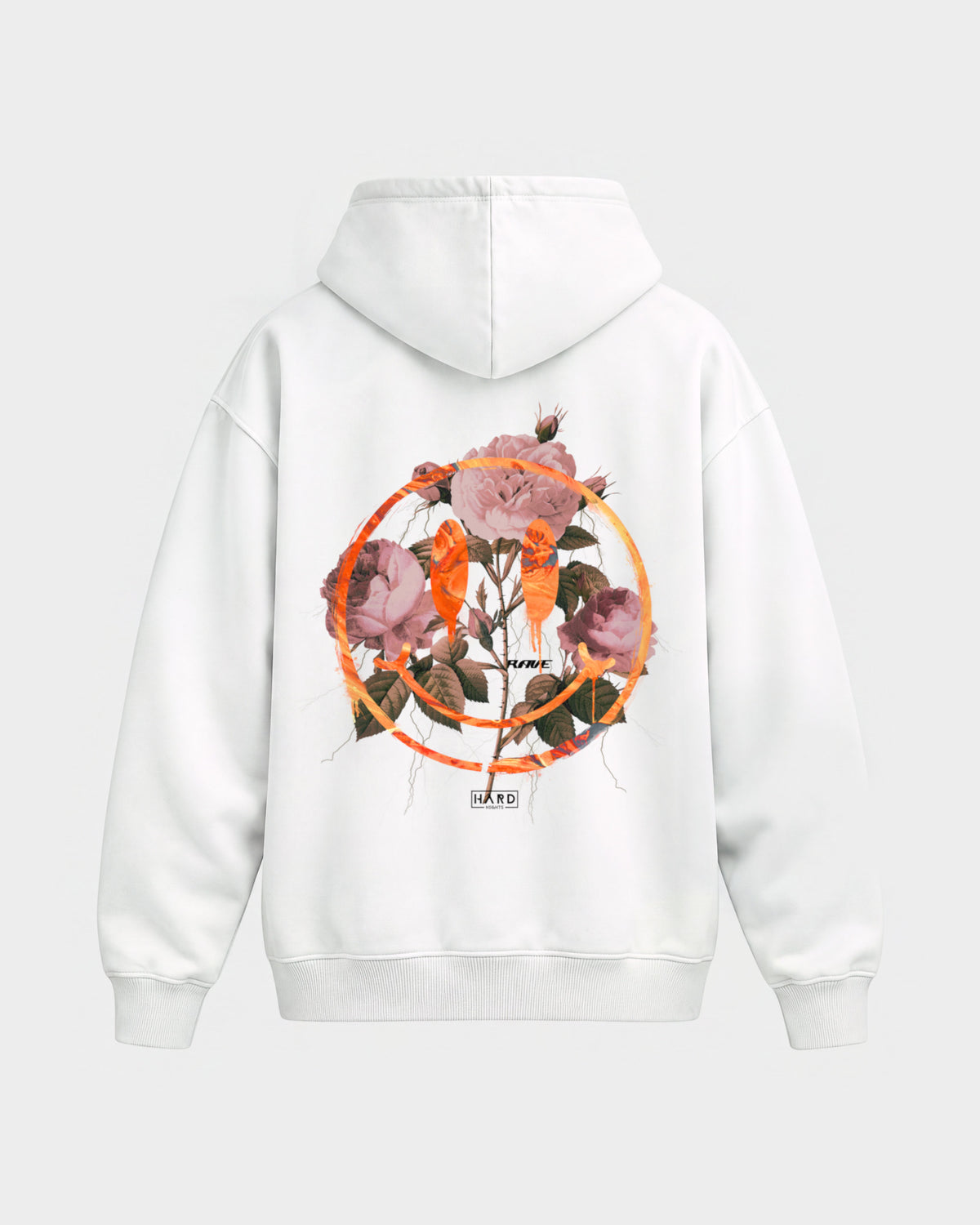Smiley – Oversized Hoodie in Weiß, Rückenprint – Hard Nights