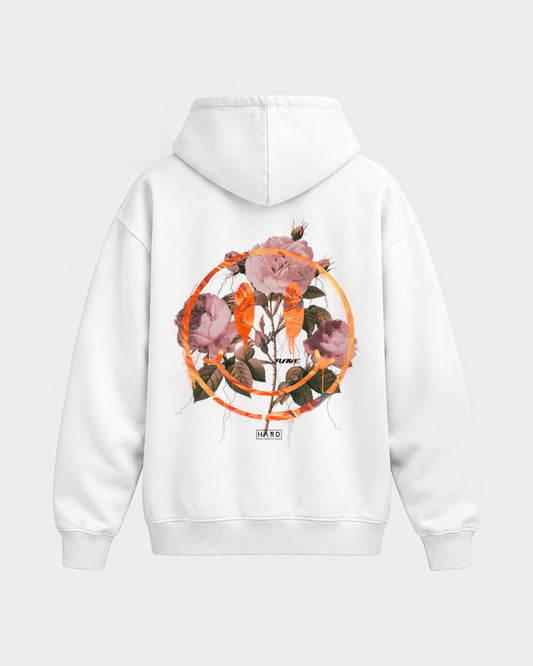 Smiley – Oversized Hoodie in Weiß, Rückenprint – Hard Nights
