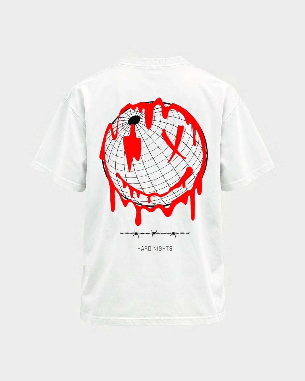 Smiley World – Basic Shirt in Weiß, Rückenprint – Hard Nights