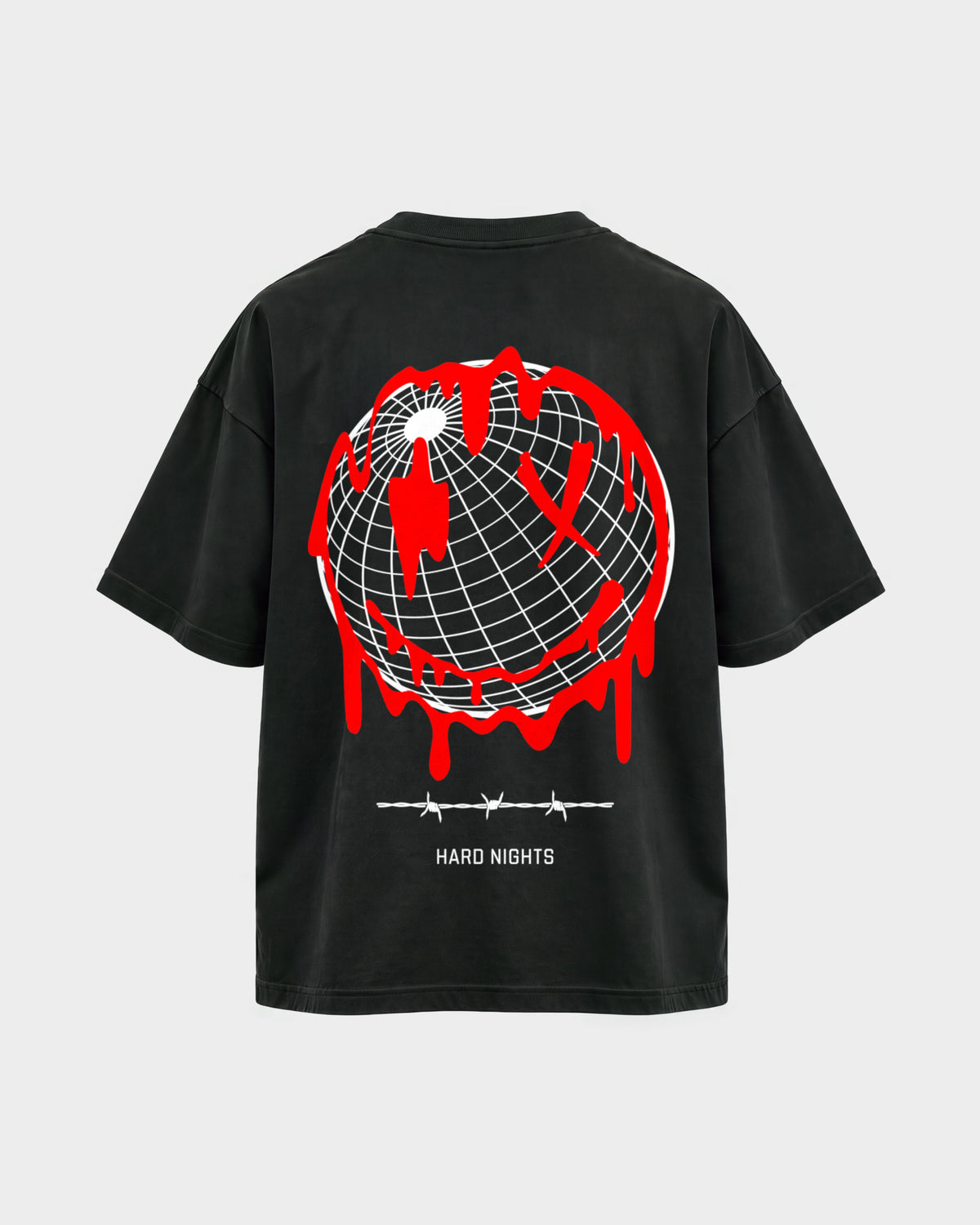Smiley World – Oversized Shirt in Schwarz, Rückenprint – Hard Nights