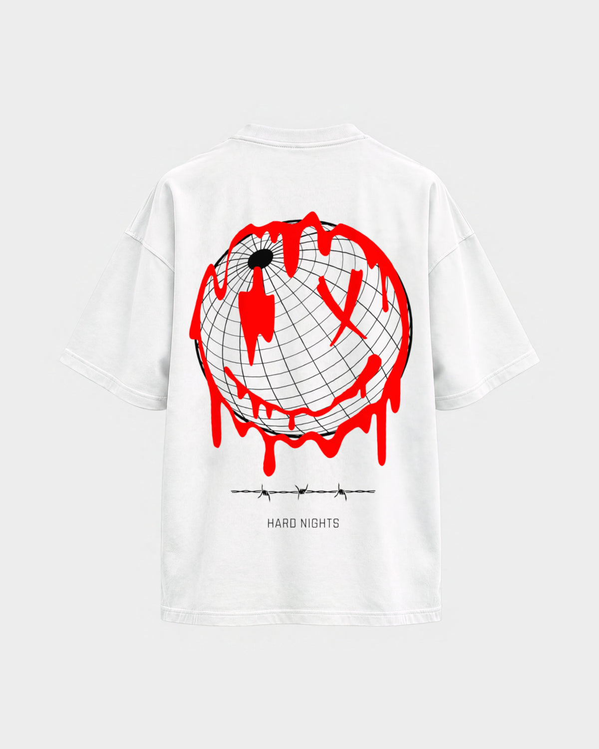 Smiley World – Oversized Shirt in Weiß, Rückenprint – Hard Nights