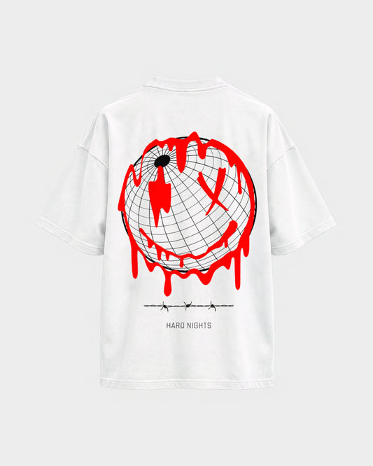 Smiley World – Oversized Shirt in Weiß, Rückenprint – Hard Nights