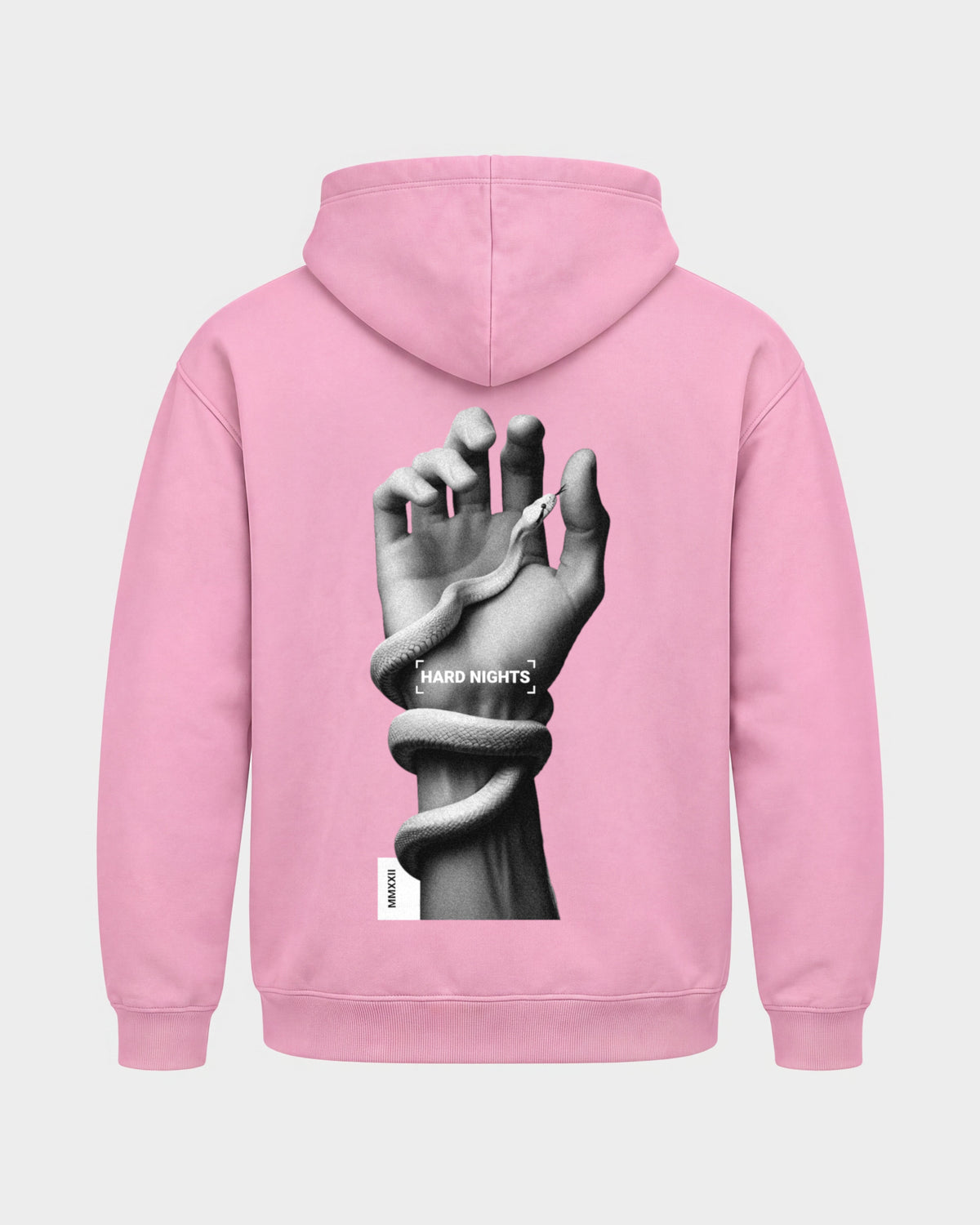 Snake Hand – Basic Hoodie in Babyrosa, Rückenprint – Hard Nights