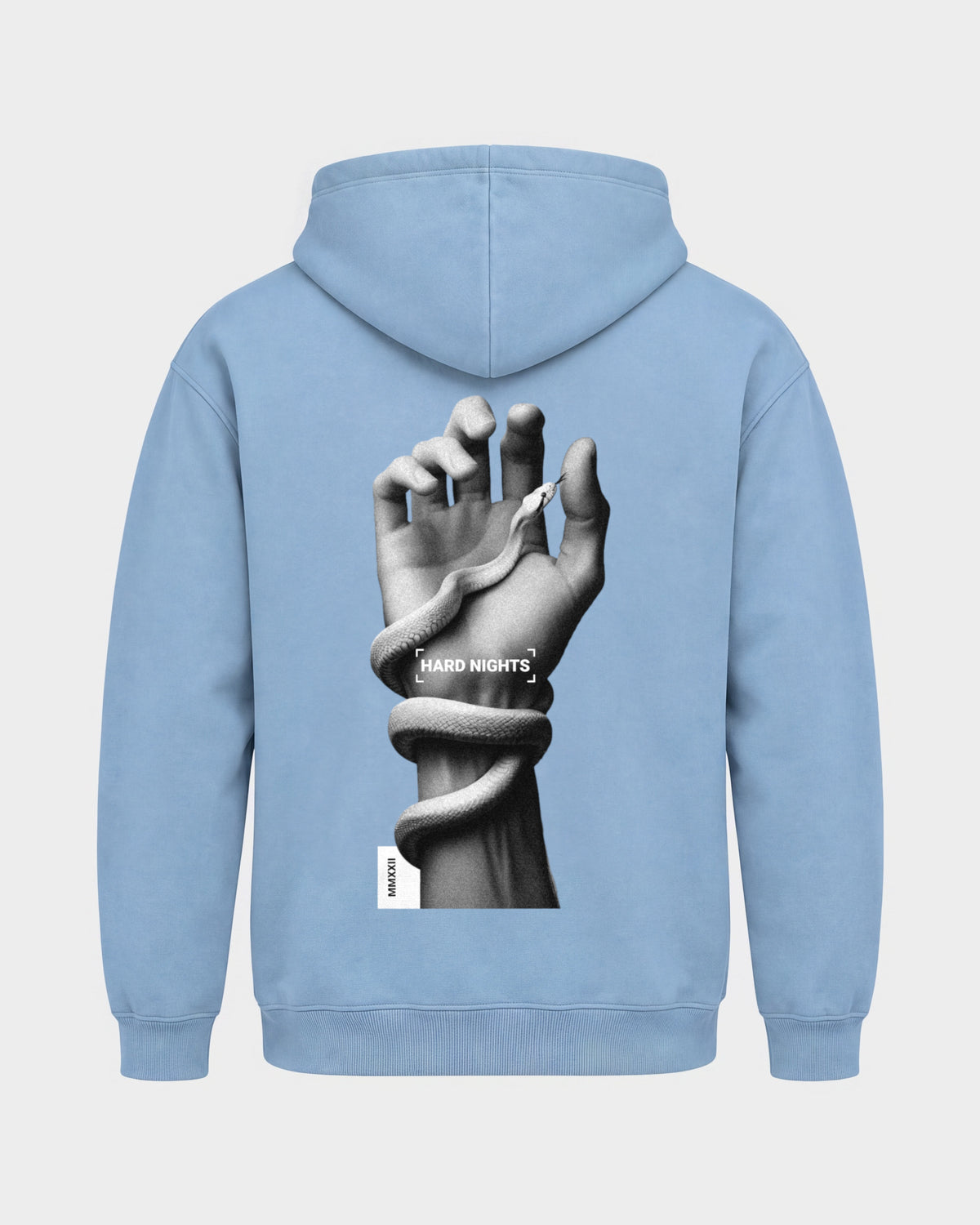 Snake Hand – Basic Hoodie in Himmelblau, Rückenprint – Hard Nights