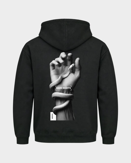 Snake Hand – Basic Hoodie in Schwarz, Rückenprint – Hard Nights