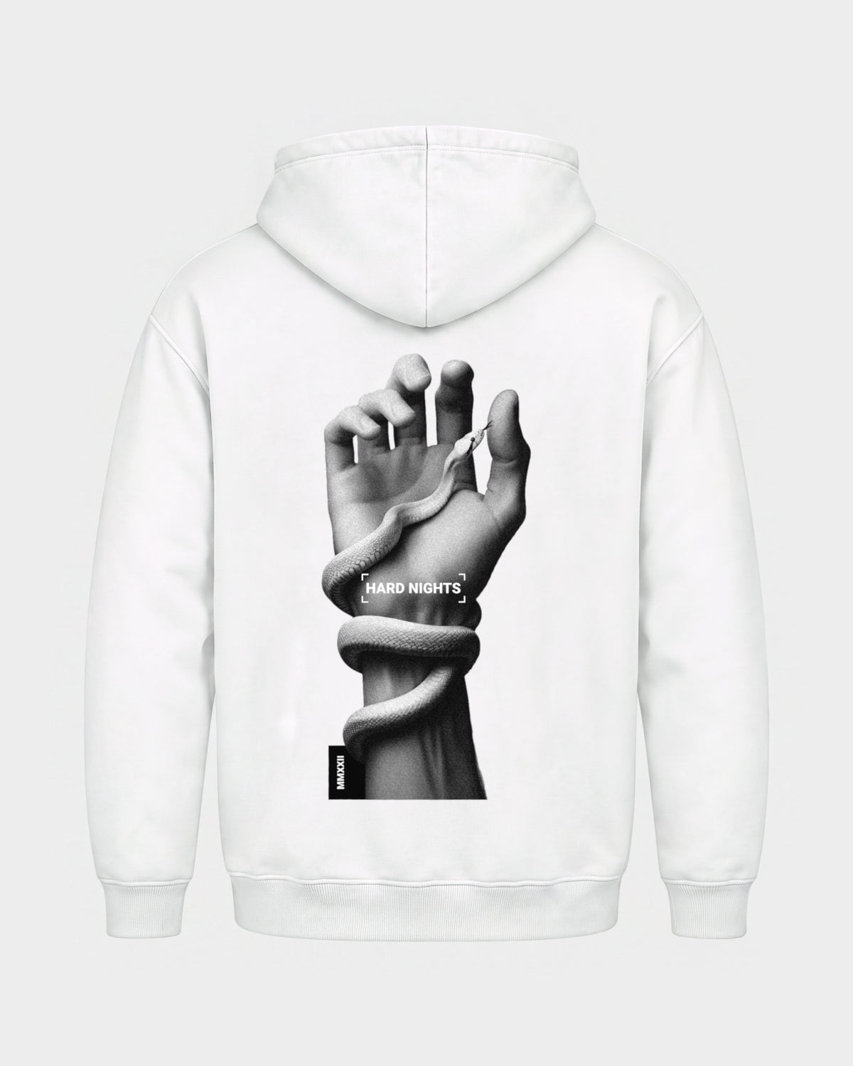 Snake Hand – Basic Hoodie in Weiß, Rückenprint – Hard Nights