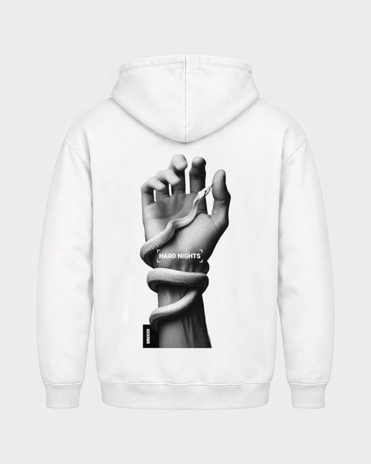 Snake Hand – Basic Hoodie in Weiß, Rückenprint – Hard Nights