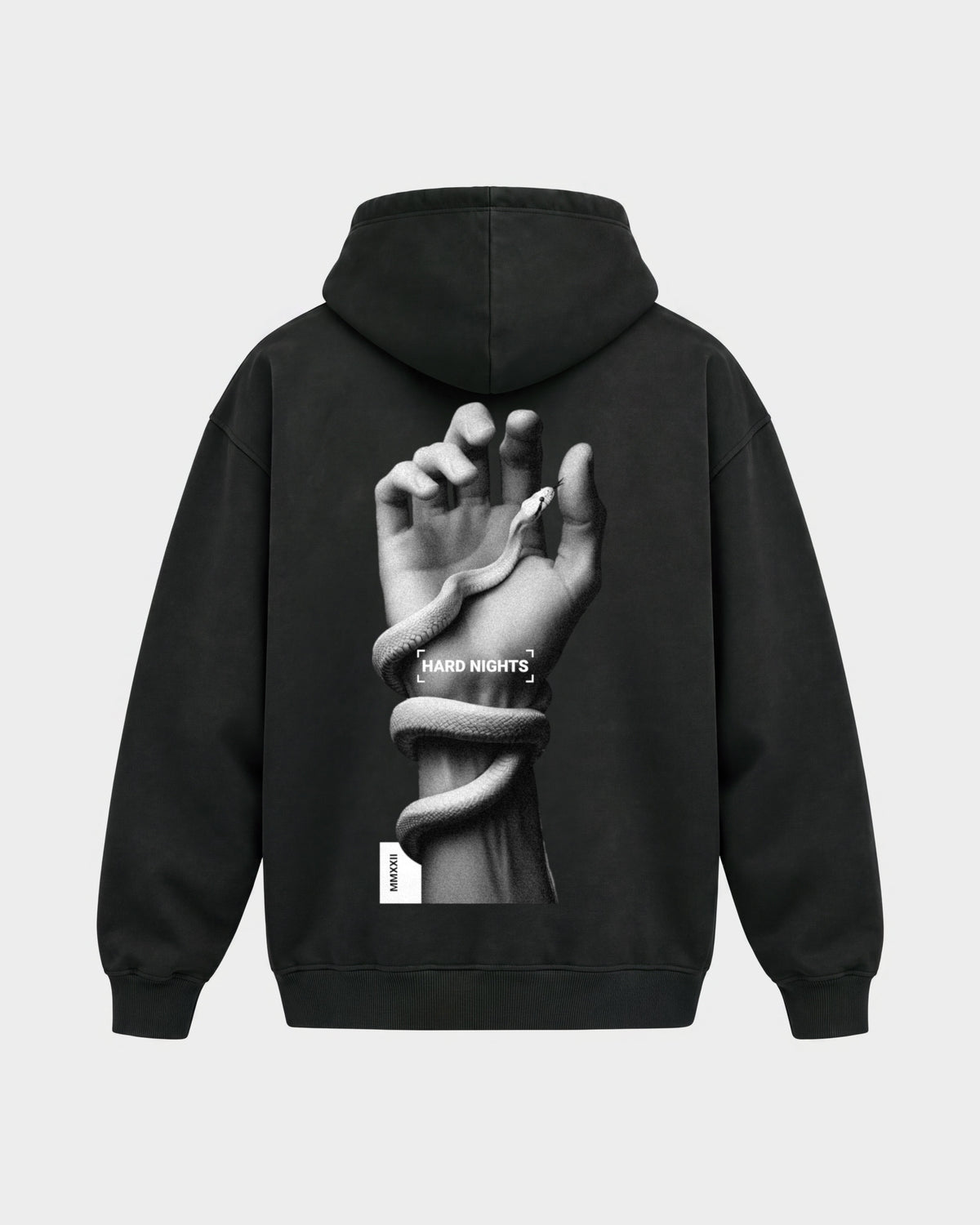 Snake Hand – Oversized Hoodie in Schwarz, Rückenprint – Hard Nights