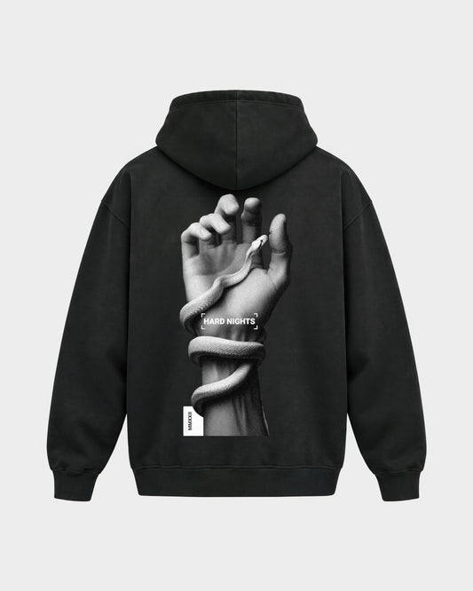 Snake Hand – Oversized Hoodie in Schwarz, Rückenprint – Hard Nights