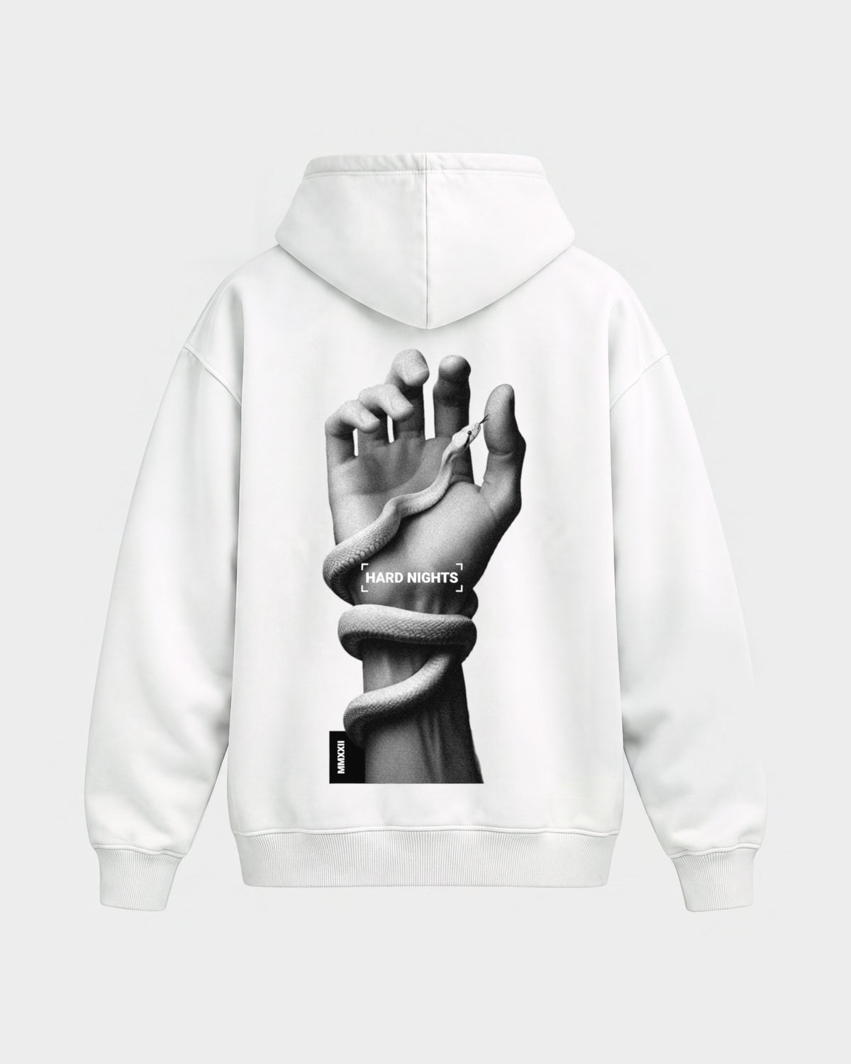 Snake Hand – Oversized Hoodie in Weiß, Rückenprint – Hard Nights