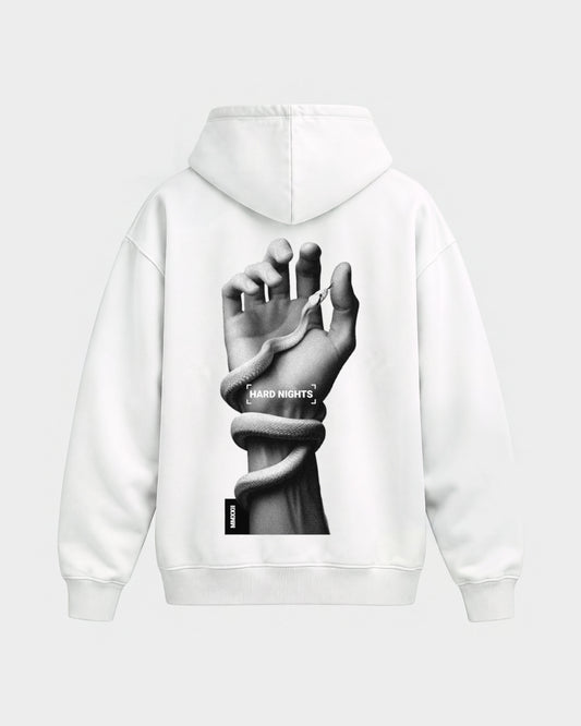 Snake Hand – Oversized Hoodie in Weiß, Rückenprint – Hard Nights