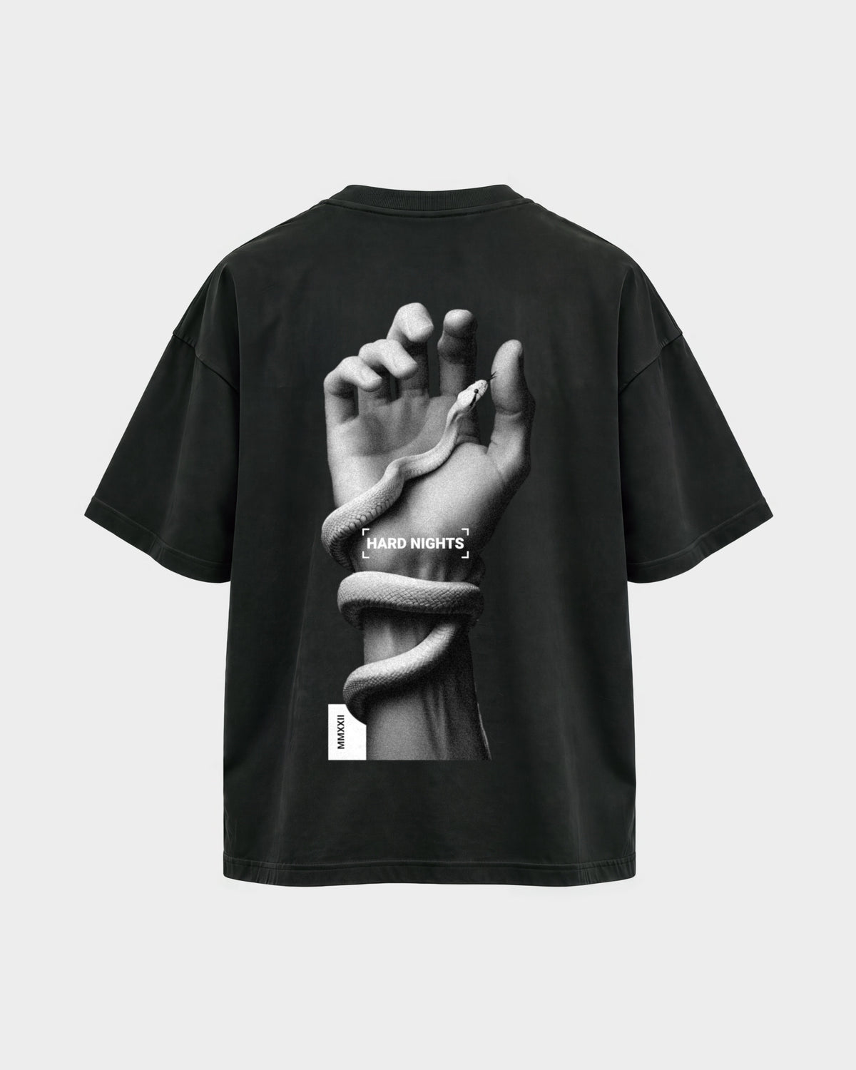 Snake Hand – Oversized Shirt in Schwarz, Rückenprint – Hard Nights