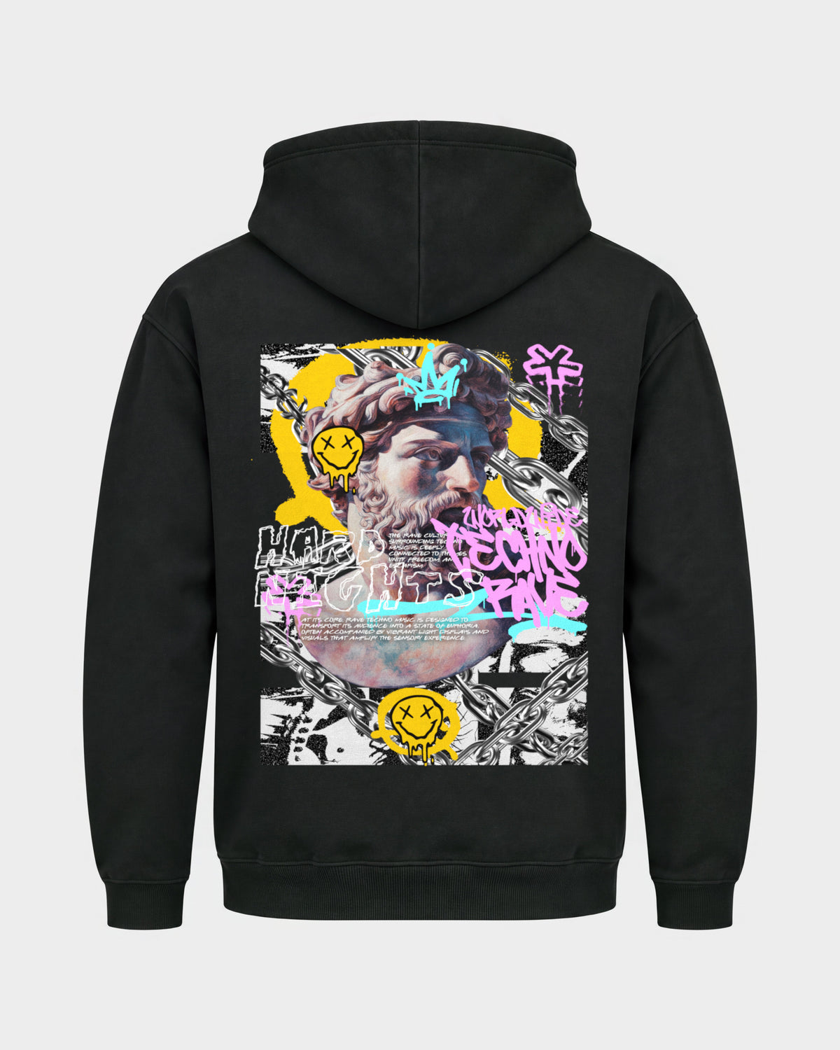 Stay Techno – Basic Hoodie in Schwarz, Rückenprint – Hard Nights