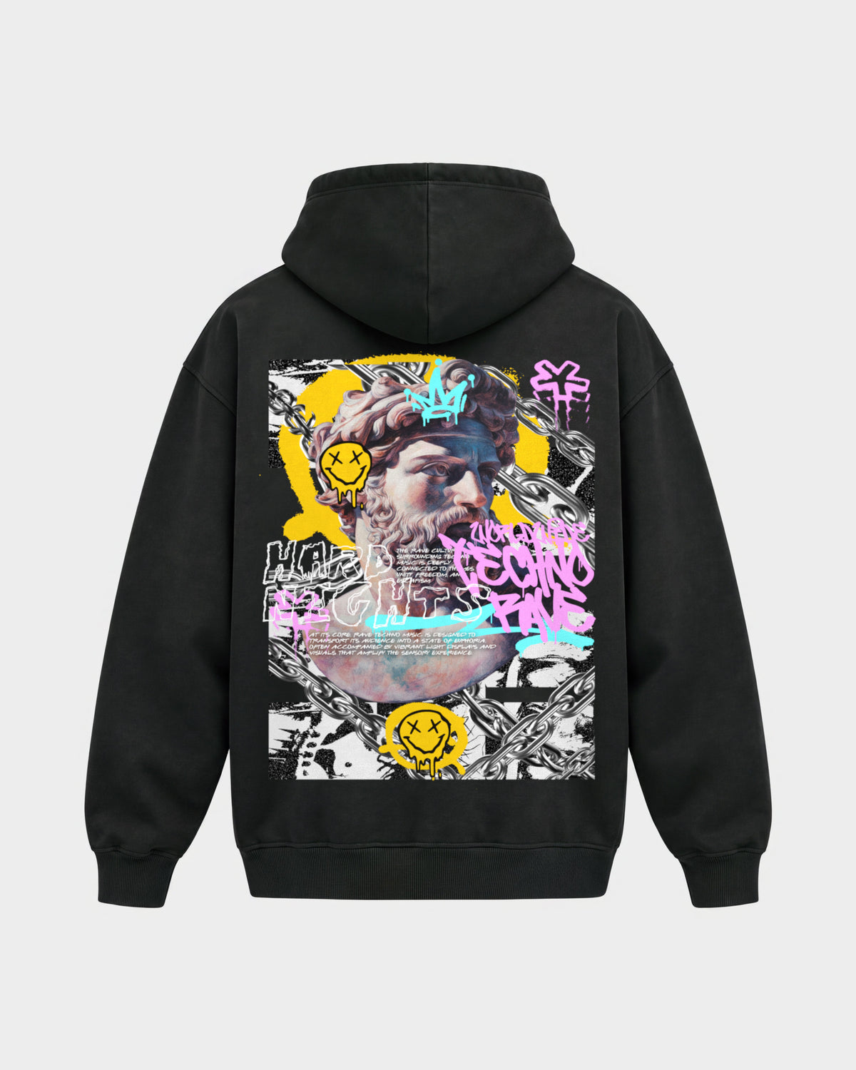 Stay Techno – Oversized Hoodie in Schwarz, Rückenprint – Hard Nights