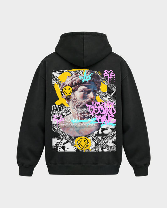 Stay Techno – Oversized Hoodie in Schwarz, Rückenprint – Hard Nights