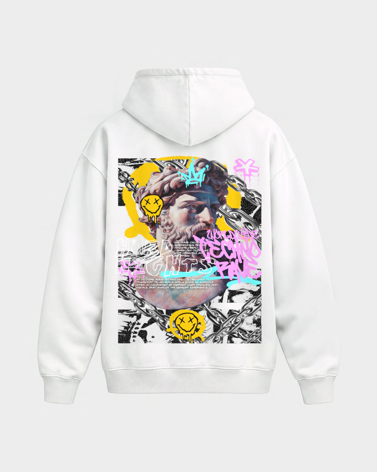 Stay Techno – Oversized Hoodie in Weiß, Rückenprint – Hard Nights