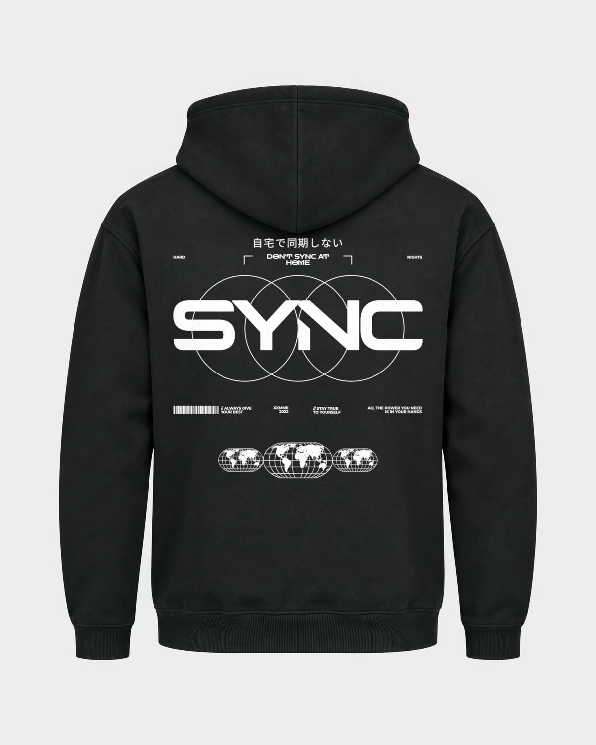 SYNC – Basic Hoodie in Schwarz, Rückenprint – Hard Nights