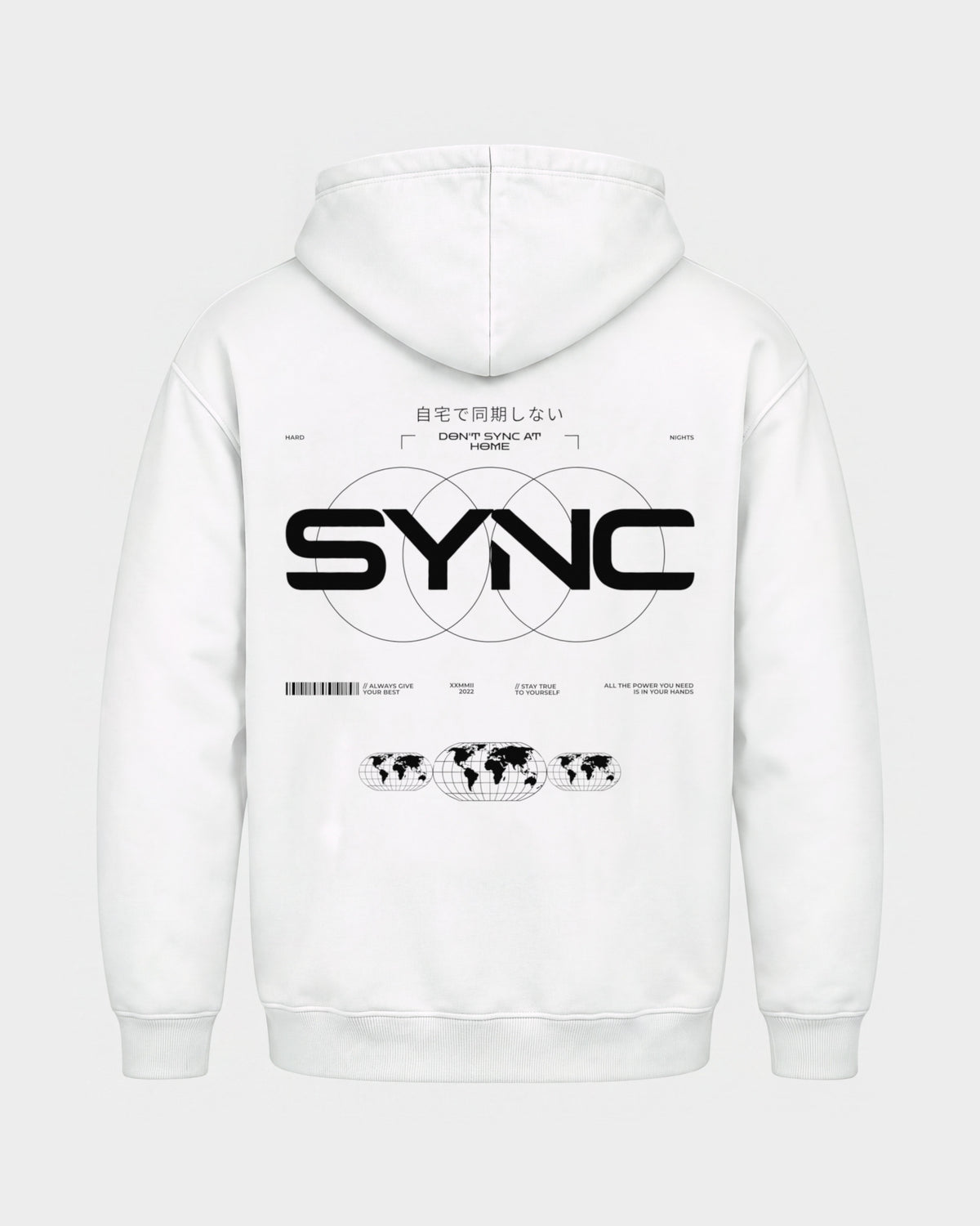 SYNC – Basic Hoodie in Weiß, Rückenprint – Hard Nights