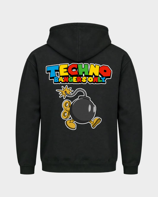 Techno Bangers Only – Basic Hoodie in Schwarz, Rückenprint – Hard Nights