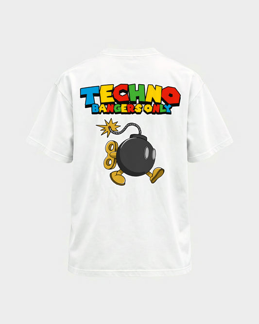 Techno Bangers Only – Basic Shirt in Weiß, Rückenprint – Hard Nights