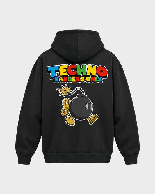 Techno Bangers Only – Oversized Hoodie in Schwarz, Rückenprint – Hard Nights