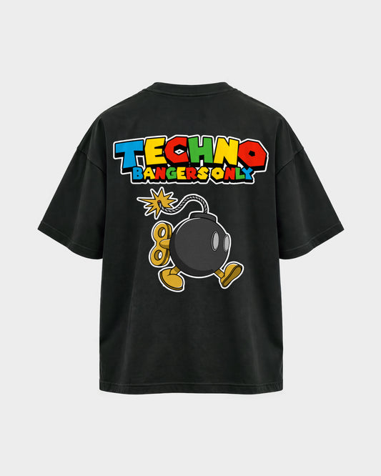 Techno Bangers Only – Oversized Shirt in Schwarz, Rückenprint – Hard Nights