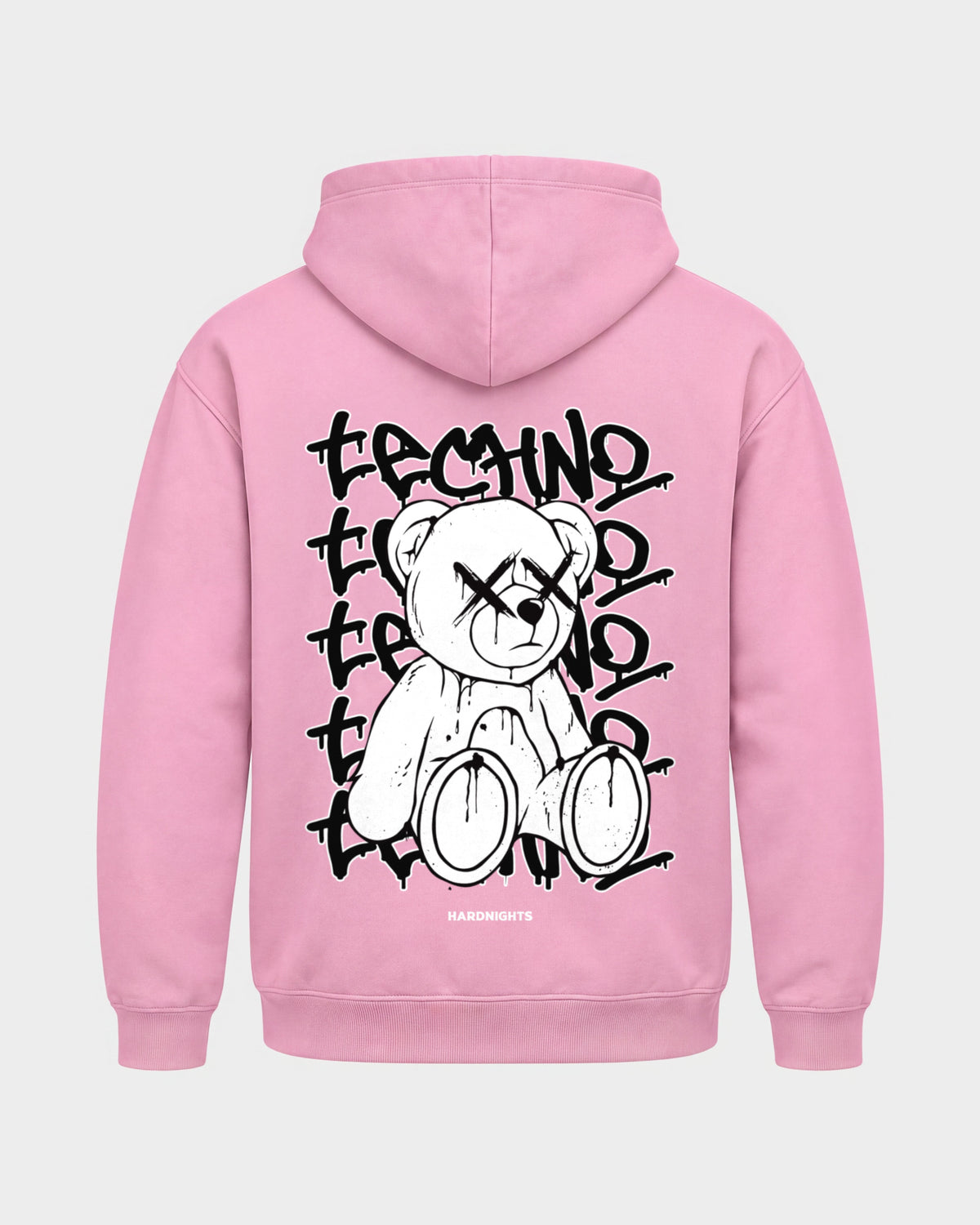 Techno Bear – Basic Hoodie in Babyrosa, Rückenprint – Hard Nights