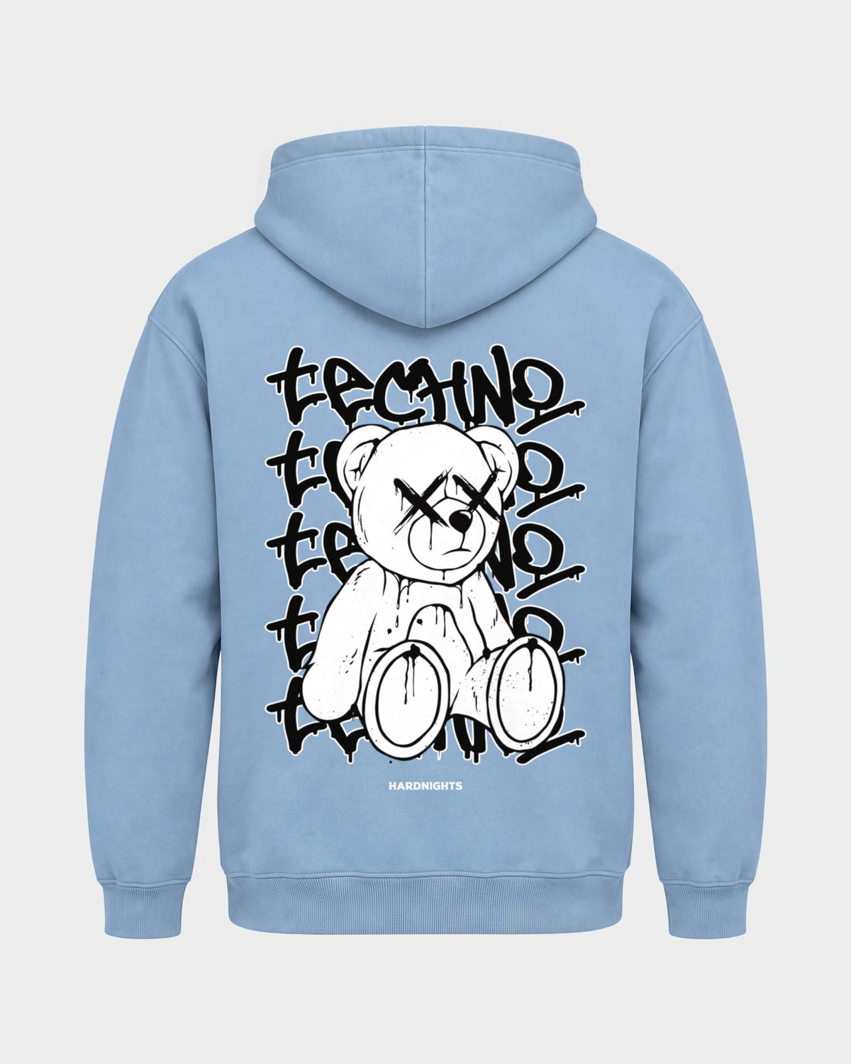Techno Bear – Basic Hoodie in Himmelblau, Rückenprint – Hard Nights