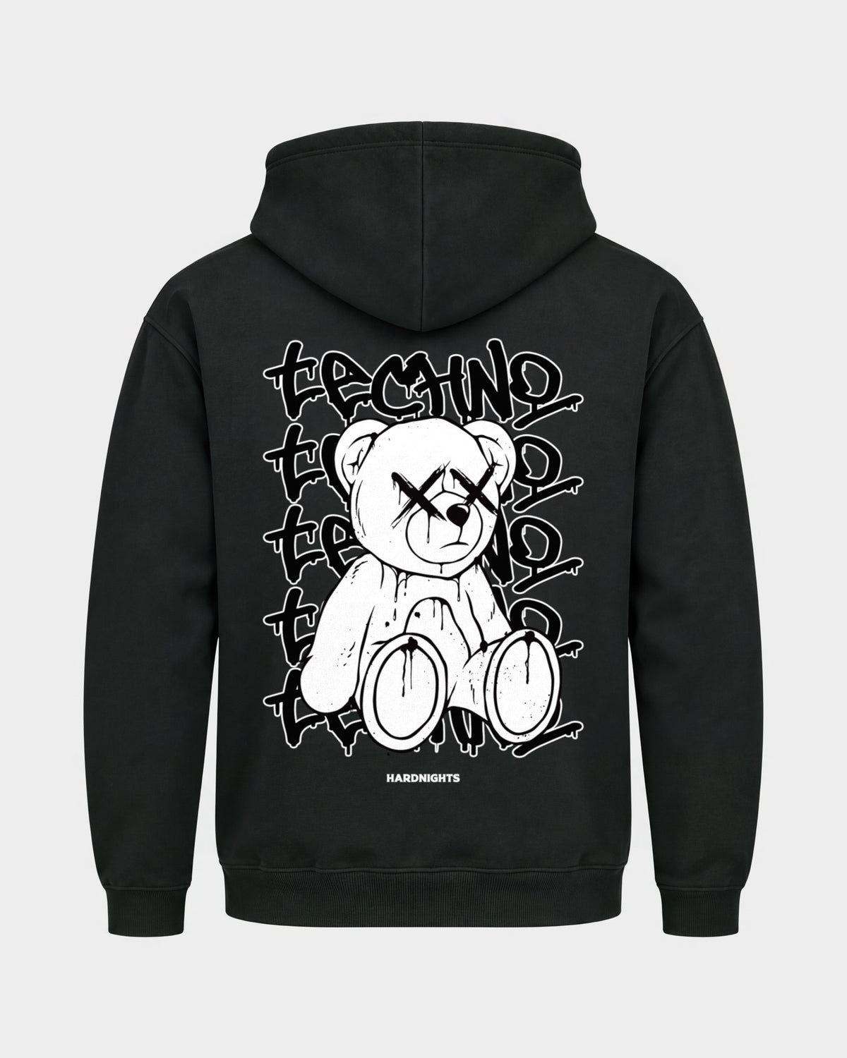 Techno Bear – Basic Hoodie in Schwarz, Rückenprint – Hard Nights