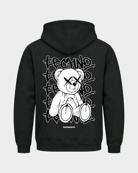Techno Bear – Basic Hoodie in Schwarz, Rückenprint – Hard Nights