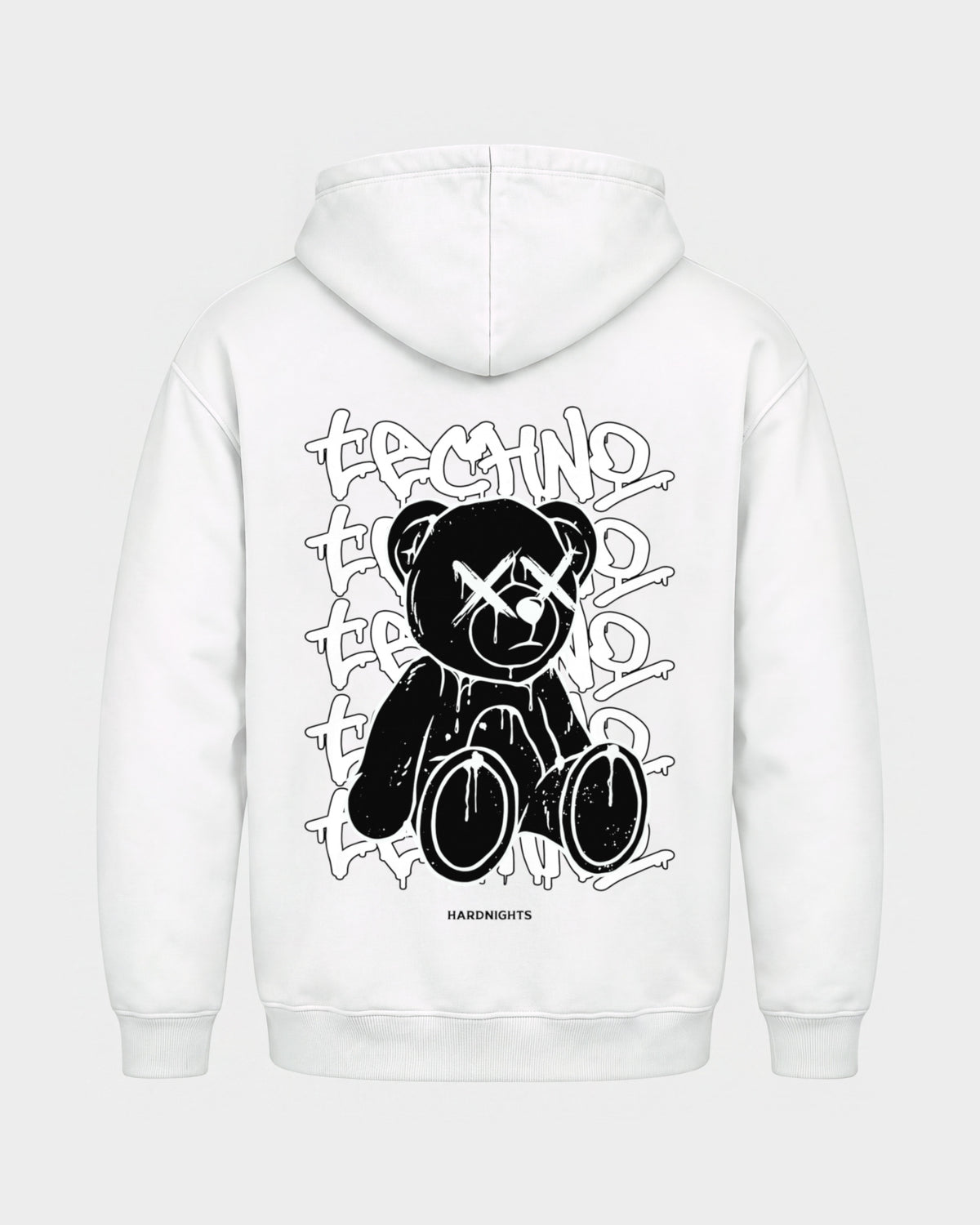Techno Bear – Basic Hoodie in Weiß, Rückenprint – Hard Nights