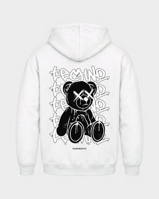 Techno Bear – Basic Hoodie in Weiß, Rückenprint – Hard Nights